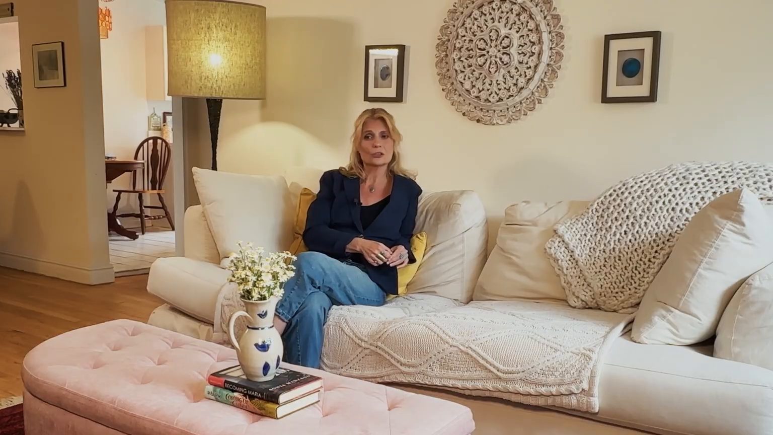 Alison Bartlett interviewed on the sofa in her living room